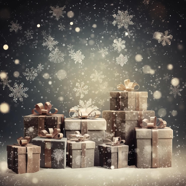 Kartka świąteczna ze srebrnymi i złotymi prezentami na ciemnym tle z płatkami śniegu.