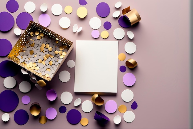 Kartka urodzinowa Tło złotego srebra i różowego konfetti serpentyn i pustego papieru do tekstu Widok z góryGenerative AI