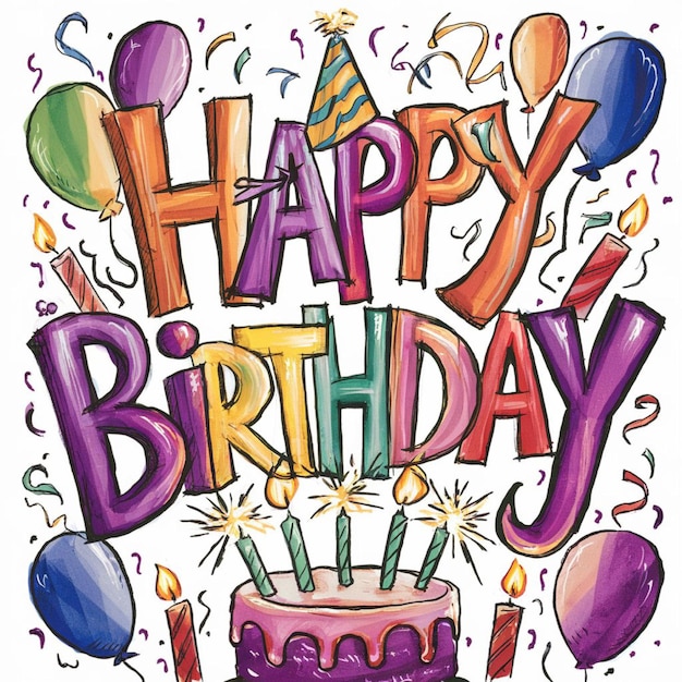 Zdjęcie kartka urodzinowa z balonami i ciastkiem urodzinowym z słowami 