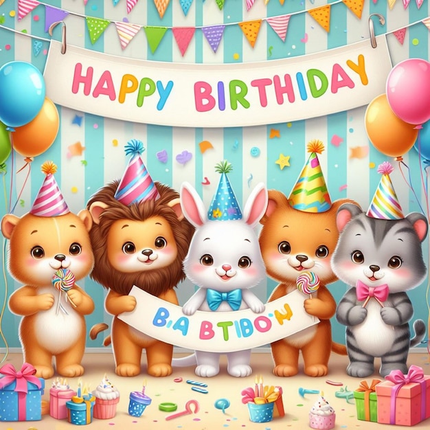 kartka urodzinowa z grupą zwierząt