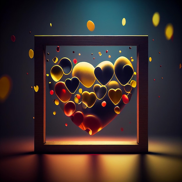 Kartka walentynkowa z błyszczącymi sercami w ramce Lampa lawowa lub kompozycja serc w stylu szkła na romantyczne wakacje Generative AI