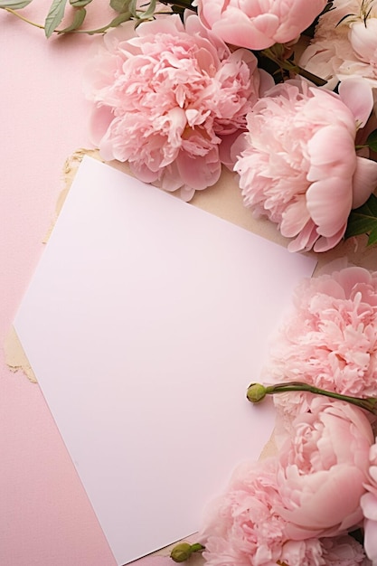 Kartka z pięknymi różowymi kwiatami piones na różowym tle Valentines dzień ślub lub urodziny kartka podarunkowa makiety