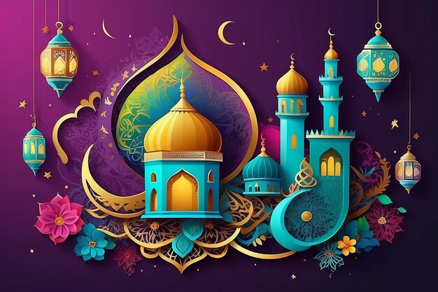 Kartka z pozdrowieniami Eid Mubarak Ilustracja ramadan kareem kolorowy wektor Życzenie islamskiego festiwalu dla plakatów banerów tło ulotka ilustracja broszura i tło sprzedaży