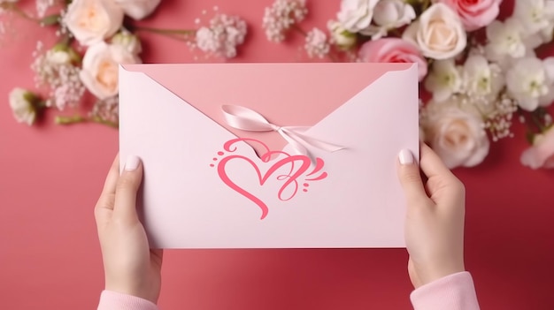 Kartka z pozdrowieniami walentynkowymi w kopercie dłoni kobiety na róże z kartką z pozdrowieniami walentynkowymi