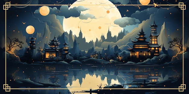 Kartkę z życzeniami festiwalu połowy jesieni z latarnią księżycową na pastelowym tle Chińskie tłumaczenie Chuseok z połowy jesieni