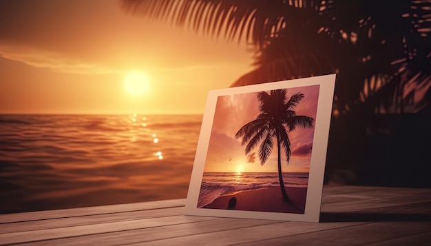 Kartkę z życzeniami na plaży z marzycielskimi palmami i pięknym widokiem na zachód słońca dla romantyków