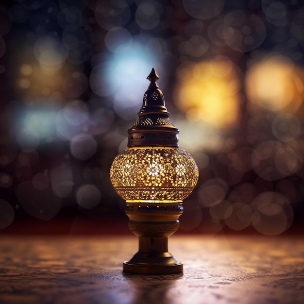 Kartkę z życzeniami Ramadan Kareem Arabska latarnia z tłem bokeh