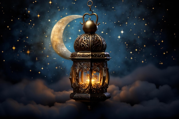Kartkę z życzeniami Ramadan Kareem z latarnią i półksiężycem na nocnym niebie