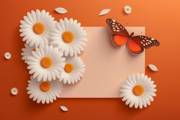 Kartkę z życzeniami z miejsca na kopię Pocztówka w odcieniach różu i pomarańczy z białymi stokrotkami i kolorowymi motylami generatywnymi ai