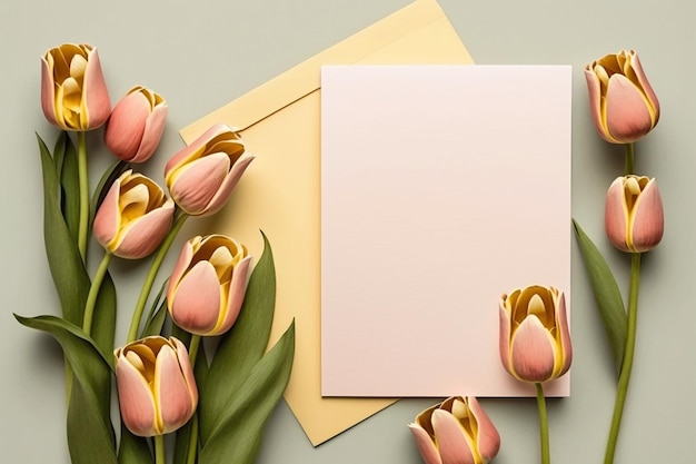 Kartkę z życzeniami z tulipanami i miejscem na tekst na ilustracji papierowej Generative AI