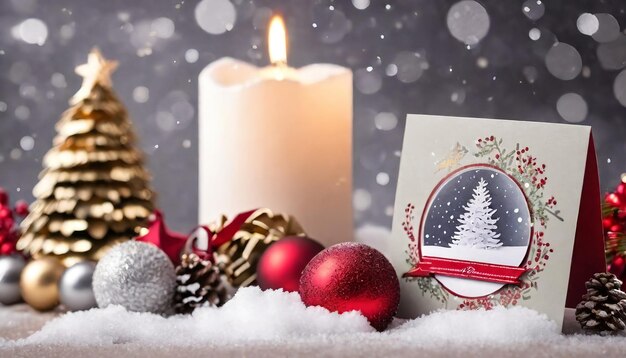 Zdjęcie kartki świąteczne z śniegiem i dekoracjami świątecznymi selektywnie skoncentrowane