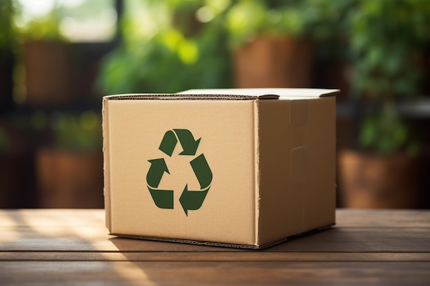 Kartonowe pudełko z symbolem recyklingu na drewnianym tle