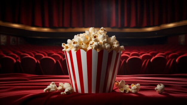 Kartonowe wiadro z popcornem z czerwonymi i białymi pasami na pustym tle ekranu filmowego