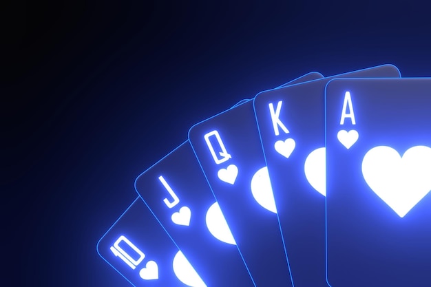 Karty do gry z futurystycznymi niebieskimi światłami neonowymi na czarnym tle Karty kasynowe blackjack poker 3D
