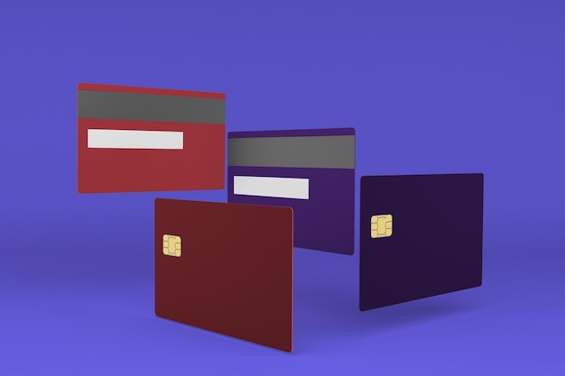 Karty kredytowe perspektywy po stronie na białym tle w fioletowym tle