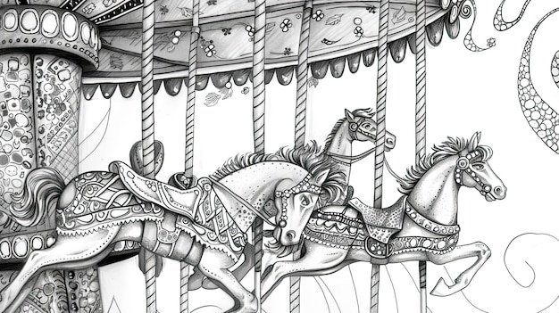 Karuzel Abstrakcyjny kreskówka karnawał jarmark kreskówka dzieciństwo atrakcja park huśtawka konie dzieci zabawa radość krąg śmiech huśtawkę lizak generowany przez AI