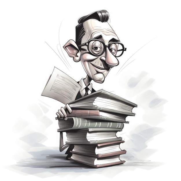 Karykatura nauczyciela za stosem książek w tle na dzień nauczyciela