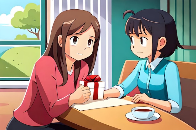 Karykatura przedstawiająca dwie kobiety siedzące przy stole z pudełkiem na prezent.