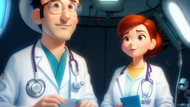 Karykatura przedstawiająca dwóch lekarzy w białych fartuchach