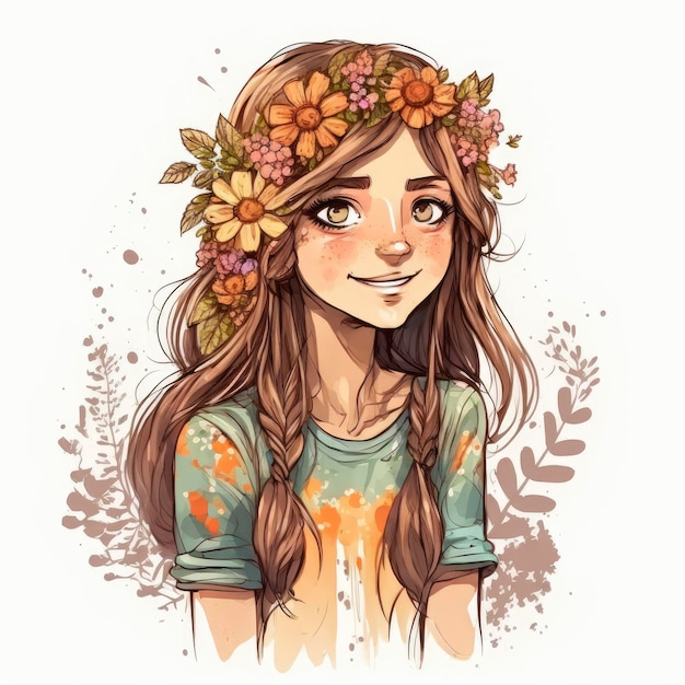 Karykatura przedstawiająca dziewczynę z koroną z kwiatów na głowie.