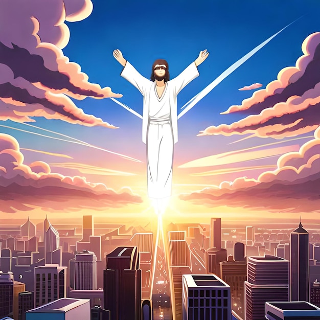 Karykatura przedstawiająca Jezusa lecącego nad miastem ze słońcem za nim.