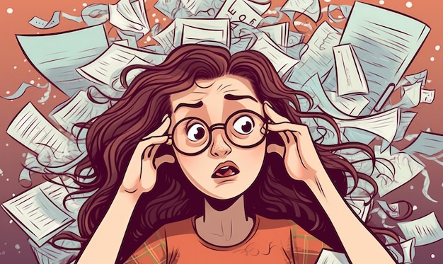 Zdjęcie karykatura przedstawiająca kobietę w okularach na głowie i stos papierów na podłodze.