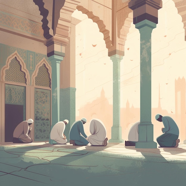 Karykatura przedstawiająca mężczyzn siedzących w meczecie z jednym z nich w niebieskich szatach.