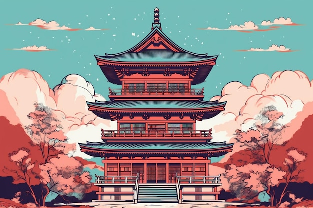 Karykatura przedstawiająca pagodę z błękitnym niebem za nią.
