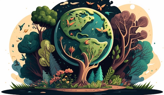 Karykatura przedstawiająca planetę z drzewami i ptakami wokół niej.