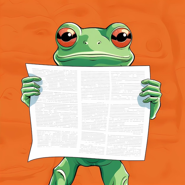 Karykatura przedstawiająca żabę czytającą gazetę z obrazkiem żaby czytającej gazetę.