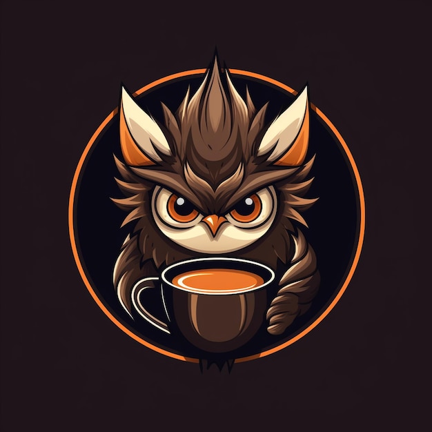 Karykatura sowy pijącej kawę w brązowych odcieniach, idealna dla klanu gier wideo