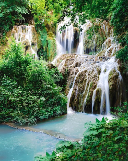 Kaskada wodospadu w lesie zwanym wodospadami Kroshuna w Bułgarii