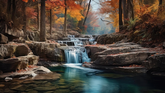 kaskadowy wodospad otoczony jesiennymi barwami