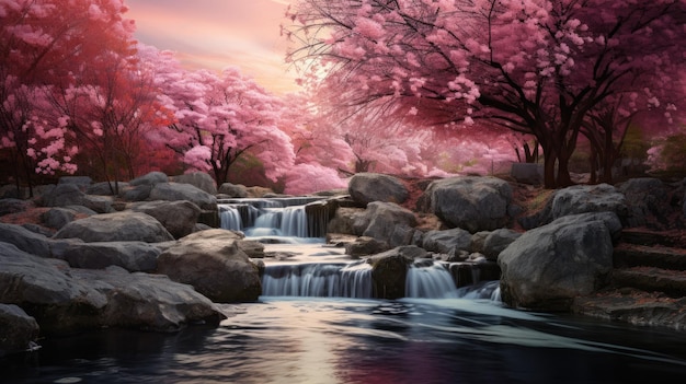 kaskadowy wodospad otoczony kwitnącymi drzewami wiśni
