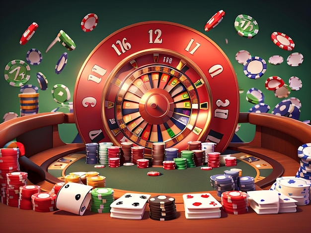 Kasyno Backdrop Banner 3D Ilustracja z elementami kasynowymi Craps Ruletka i karty pokerowe