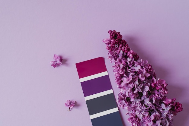 Zdjęcie katalog kolorów przykład bzu na papierze próbka i kwiaty bzu paleta kolorów użyta przez projektanta do doboru odpowiedniego odcienia widok z góry