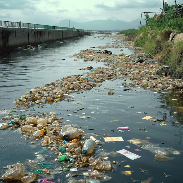 Katastrofa nad wodą Zanieczyszczenie odpadami z tworzyw sztucznych widoczne w zbiorniku Dla rozmiaru postu w mediach społecznościowych