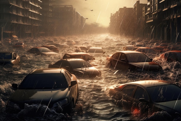 Katastrofalna powódź w mieście z wieloma samochodami