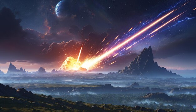 Katastrofalne wydarzenie w kosmosie z meteorytem lub spadającą gwiazdą uderzającą w planetę lub las Uderzenie powoduje powstanie dużego krateru