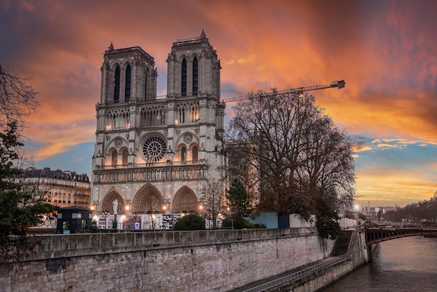 Katedra Notre Dame de Paris w Paryżu, Francja podczas magicznego zachodu słońca. Roboty budowlane.