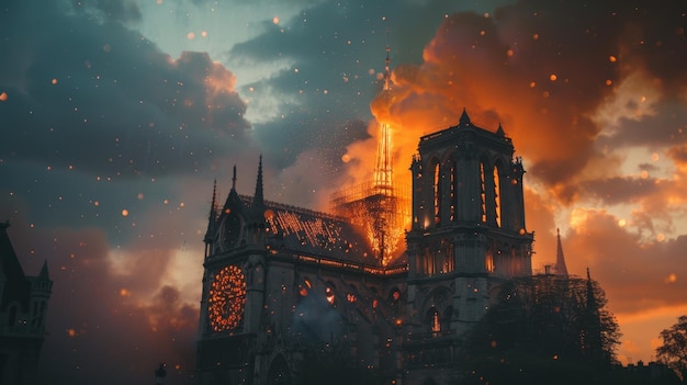 Katedra Notre Dame w Paryżu z płomieniami wychodzącymi z okien