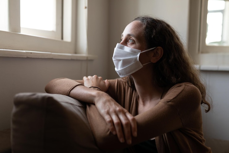 Zdjęcie kaukaska kobieta spędza czas w domu, izolując się i zachowując dystans społeczny podczas izolacji podczas kwarantanny podczas epidemii wirusa koronaawirusa covid 19, siedząc na sofie i nosząc maskę na twarz