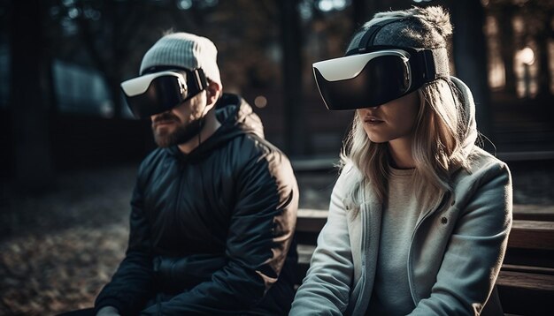 Kaukaska para cieszy się leśną przygodą w wirtualnej rzeczywistości generowaną razem przez sztuczną inteligencję