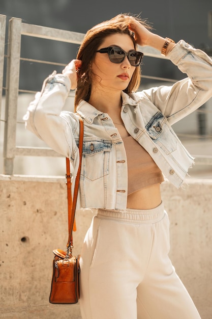 Kaukaska piękna kobieta w modnych okularach przeciwsłonecznych w dżinsowych ubraniach ze skórzaną torbą spaceruje po ulicy