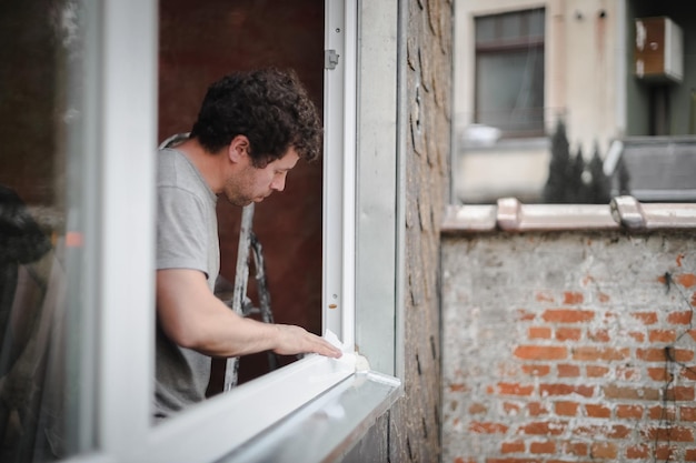 Kaukaski mężczyzna czyści ramę okna
