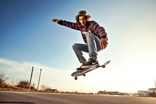 Kaukaski mężczyzna robi sztuczki lub skacze na deskorolce na ulicy Młody człowiek z skater jumping