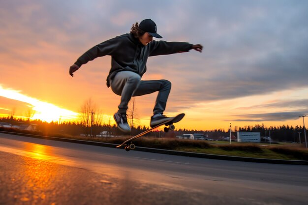 Kaukaski mężczyzna robi sztuczki lub skacze na deskorolce na ulicy Młody człowiek z skater jumping