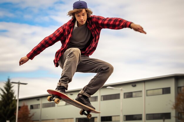 Zdjęcie kaukaski mężczyzna robi sztuczki lub skacze na deskorolce na ulicy młody człowiek z skater jumping