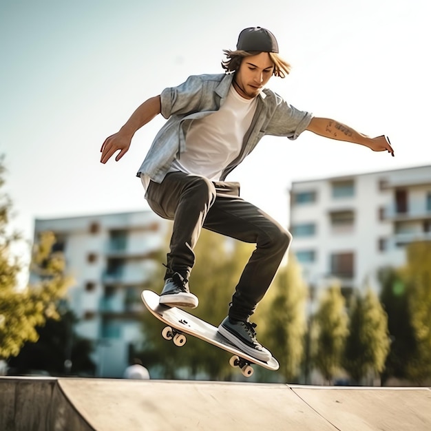 Kaukaski mężczyzna robi sztuczki lub skacze na deskorolce na ulicy Młody człowiek z skater jumping