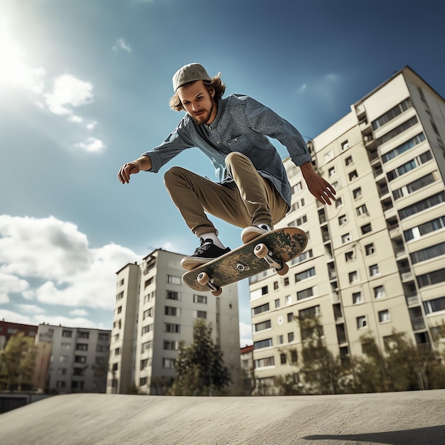 Kaukaski mężczyzna robi sztuczki lub skacze na deskorolce na ulicy Młody człowiek z skater jumping